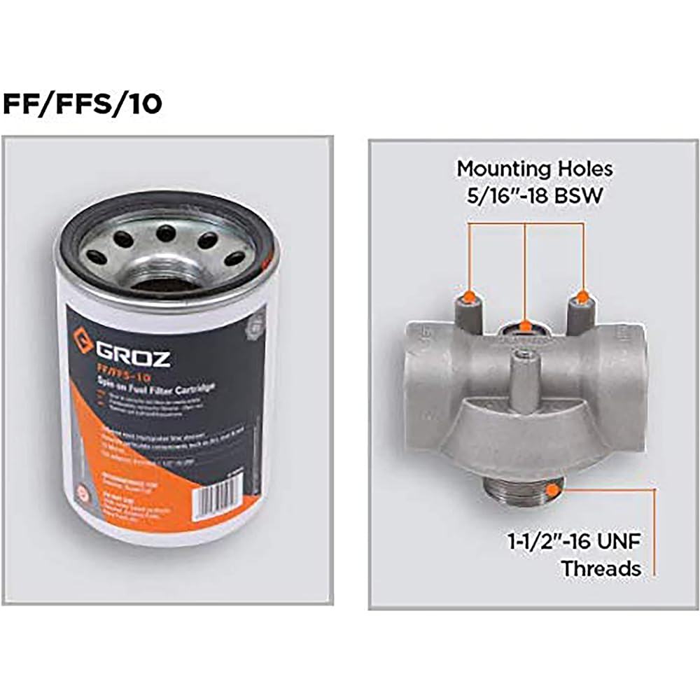 GROZ replacement filter - 10 micron filter spin -on cartridge style | For mobile and fixed fuel tanks | flow rate 25 GPM | maximum used pressure 50PSI (45910)