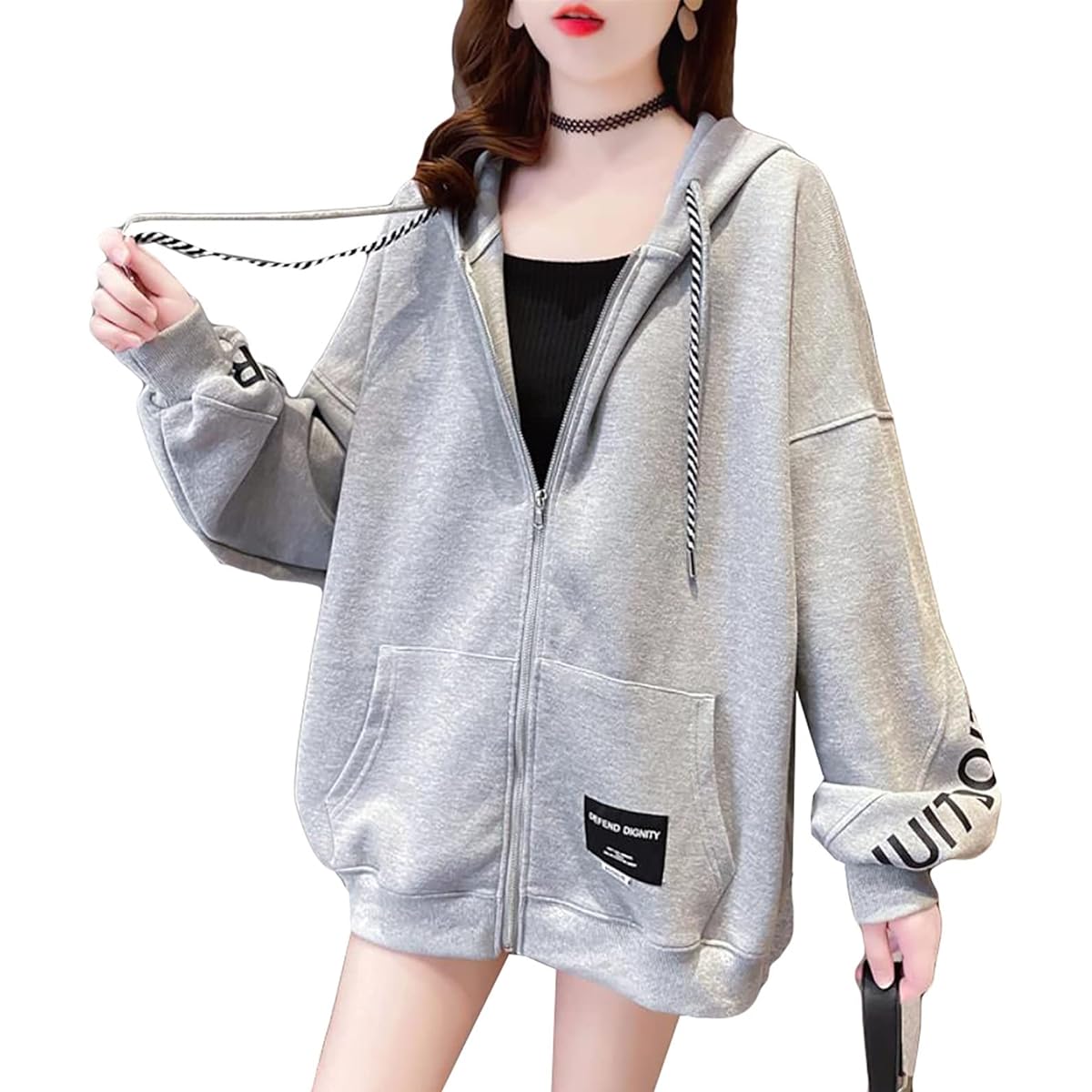 [MMTYRM] Zip Up Women's Sweatshirt Hoodie Loose Hooded Outerwear Sweatshirt Casual Zip Up Hoodie Women's Fashion Autumn Outerwear Korean Style Harajuku Style