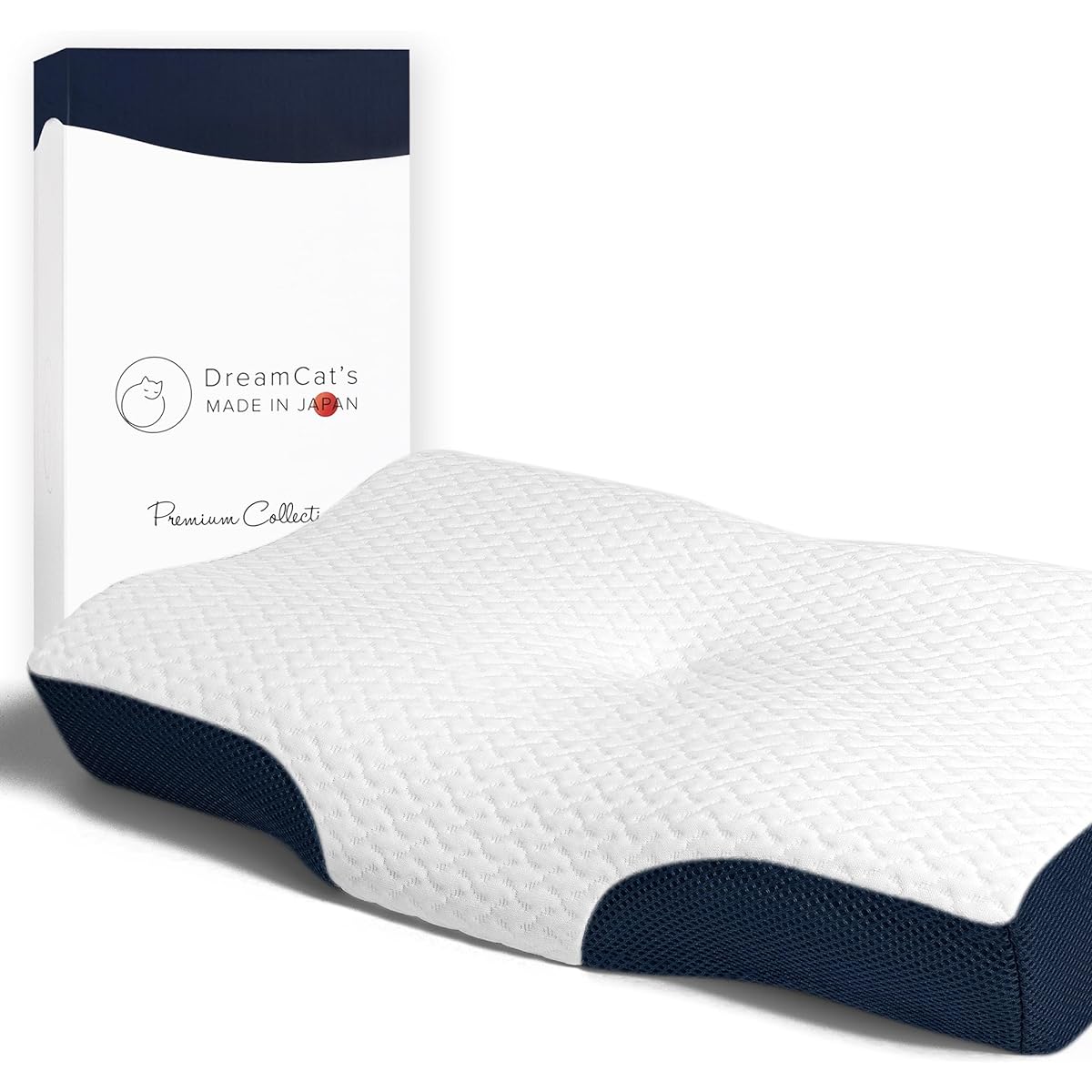 DreamCat's Pillow, Memory Foam, Made in Japan, No Neck Pain, Adjustable Height, For Back and Side Viewing, Present (Dark Blue)