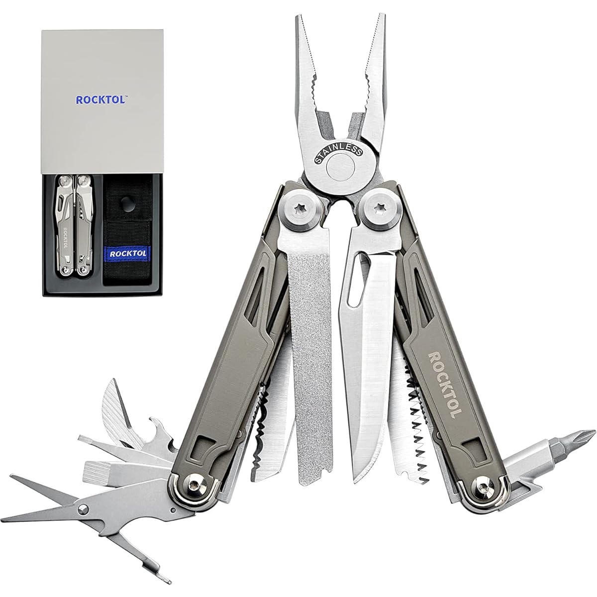 ROCKTOL Multi Tool 19-in-1 Multi Tool Pliers Titanium Plated Handle Safety Lock Lightweight EDC Tool with Nylon Sheath Gift for Men Outdoor Survival Hiking Camping