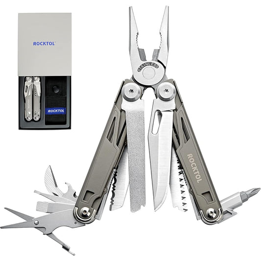 ROCKTOL Multi Tool 19-in-1 Multi Tool Pliers Titanium Plated Handle Safety Lock Lightweight EDC Tool with Nylon Sheath Gift for Men Outdoor Survival Hiking Camping