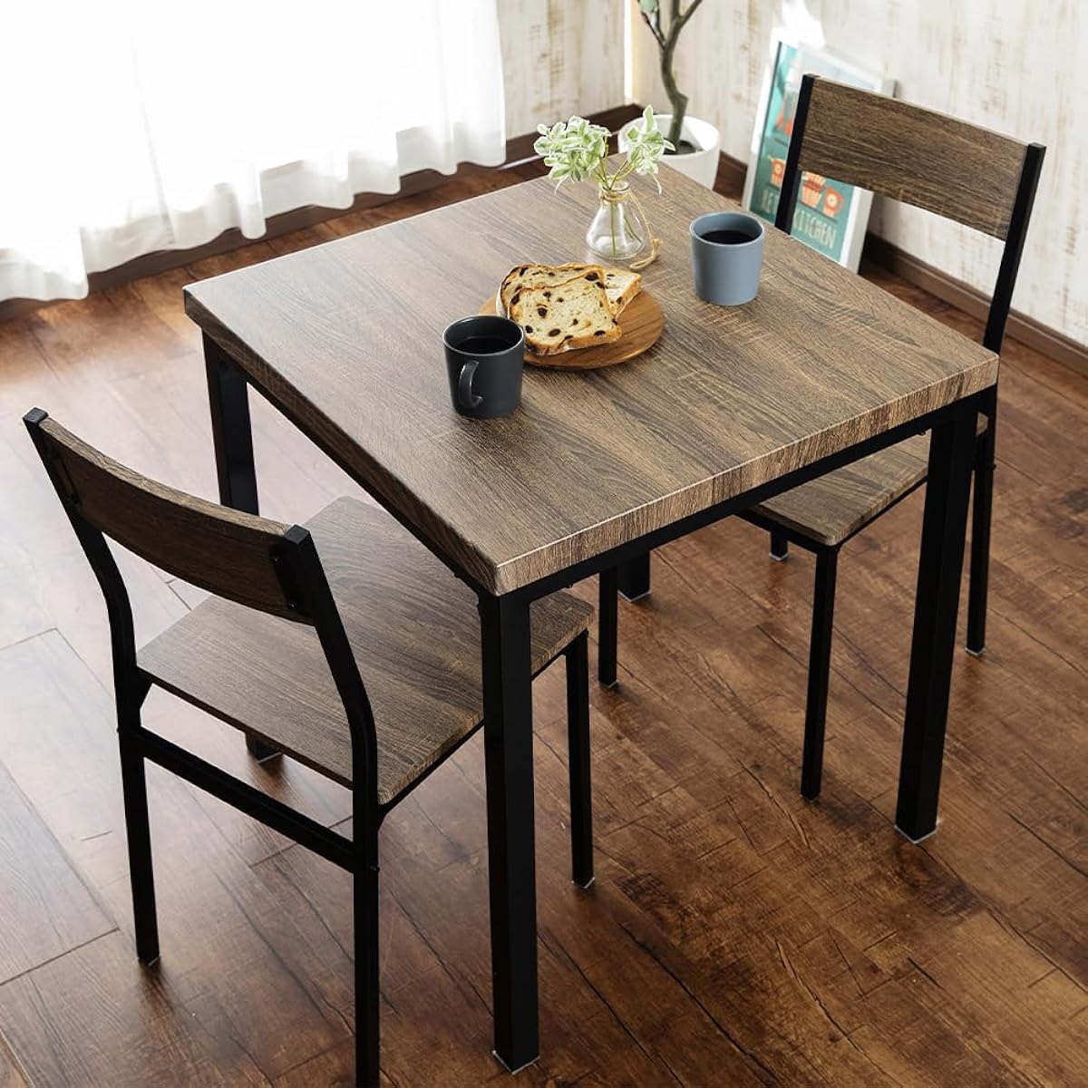Iris Plaza Dining Table 3 Piece Set Table Chair Living Room Vintage Dining 3 Piece Set Brown x Black VDS3-7075 70 x 70 x 75.5