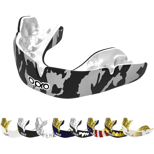 OPRO Mouthguard [Instant Custom Fit] Sports Mouthpiece Made in England [Official Store] (Design & Color) (Adult, Black, White & Silver)