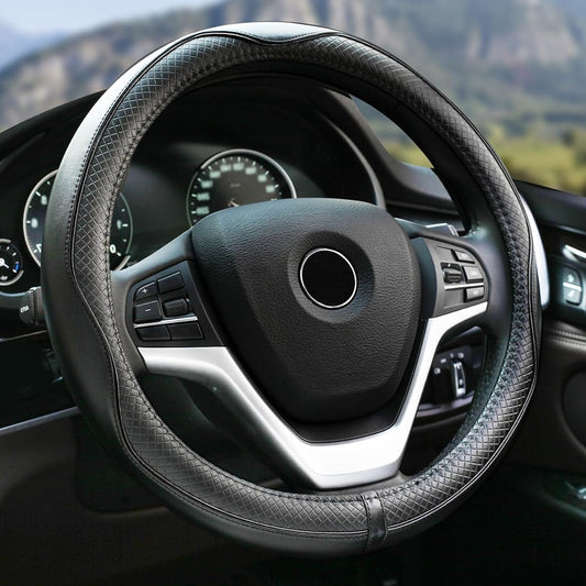 rueesh Car Steering Wheel Cover Genuine Leather Sporty Curve, Durable, Thick, Anti-Slip, 15 in. Medium Size