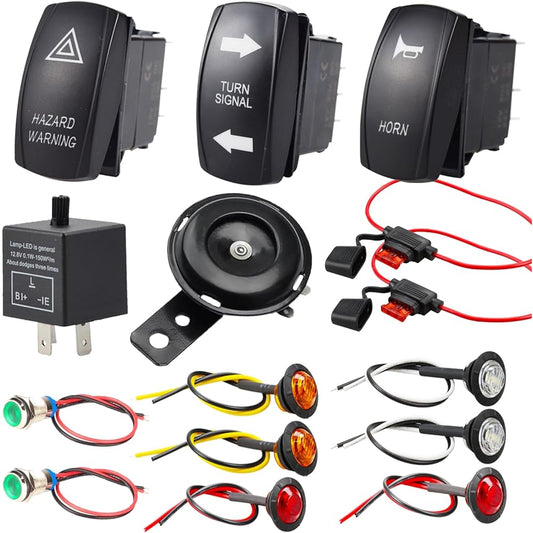 Universal ATV UTV SXS Street Legal Kit Rocker Turn Signal Light Horn Hazard Switch Flasher Relay Fuse Line LED Light
