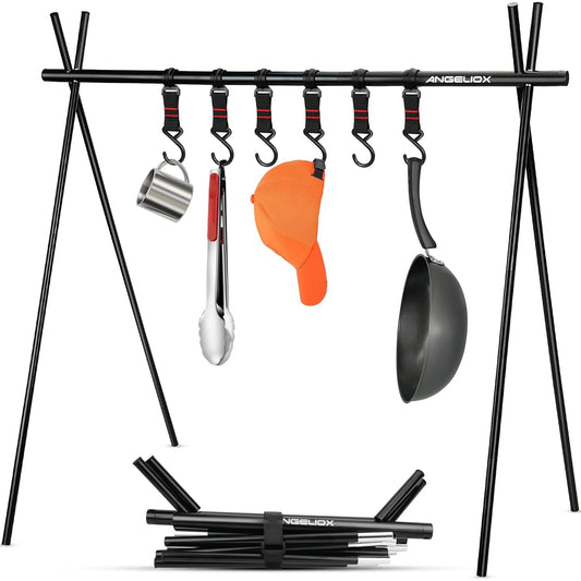 ANGELIOX Hanging Rack Lantern Stand, Made of Aluminum Alloy, Foldable Lantern Hanger, Suitable for Outdoor Camping, Easy Assembly, Includes 6 Hooks and Storage Bag