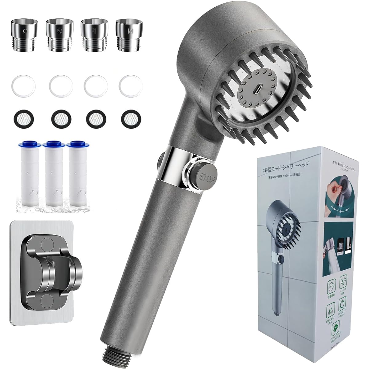 Shower Head Micro Nano Bubble [2024 Latest Optimized Version, High Water Pressure, 3-Stage Mode, Chlorine Removal, Massage Brush Function, Water Saving] Comes with 3 shower hooks/cartridges, Easy to install, M/K/G/O adapter included, Japanese Instruction