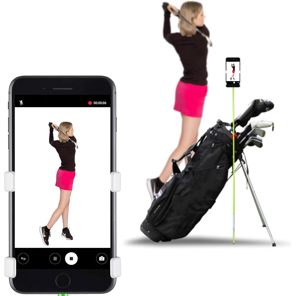 SelfieGOLF Record Golf Swing Cell Phone Holder Golf Analyzer Accessory PGA Best Product Award Winner Selfie Putting Training Aid Compatible with All Golf Bags and Alignment Sticks