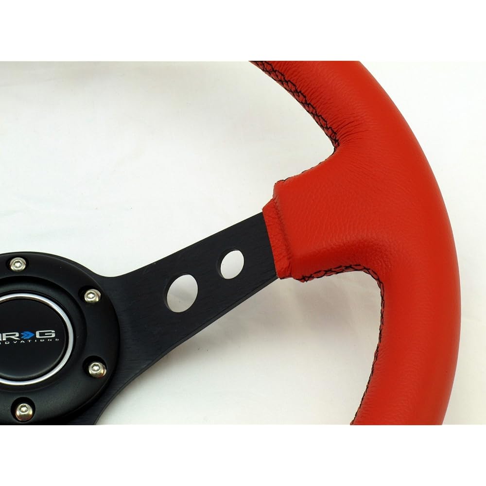 Steering wheel 350mm sports steering wheel (depth 3 inch) red LTHR black stitch black strap ST-006RR-BS-Y