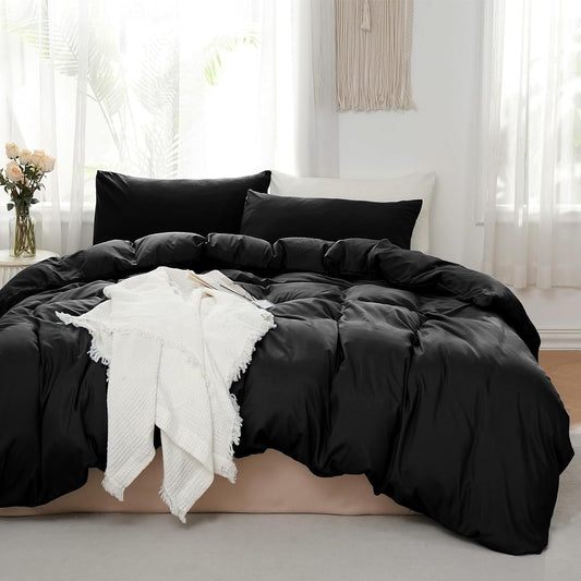 TOCOMOA Black Duvet Cover Queen 100% Microfiber Duvet Cover Set Ultra Soft 3 Piece Bedding Set with 1 Duvet Cover and 2 Pillow Shams (Black, Queen)