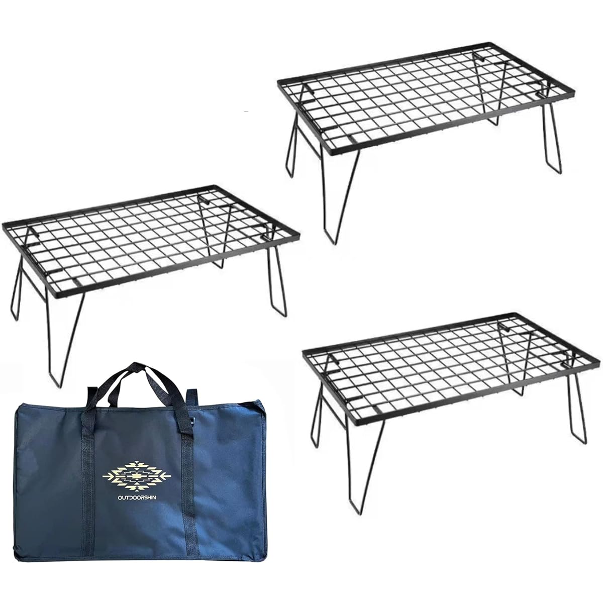 OUTDOORSHIN Field Rack Camping Rack Foldable Storage Rack Outdoor Table Steel Compact Storage Case Included Set of 3
