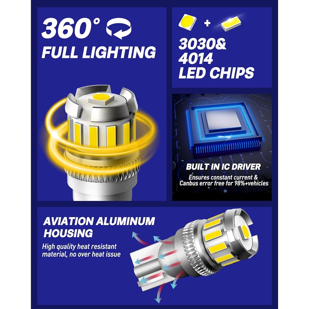 AUTOONE 194 LED Bulb, License Plate Light 300% High Brightness T10 168 2825 W5W LED Bulbs for Dome Map Door Courtesy Interior Car Lights 6500K White, Pack of 2