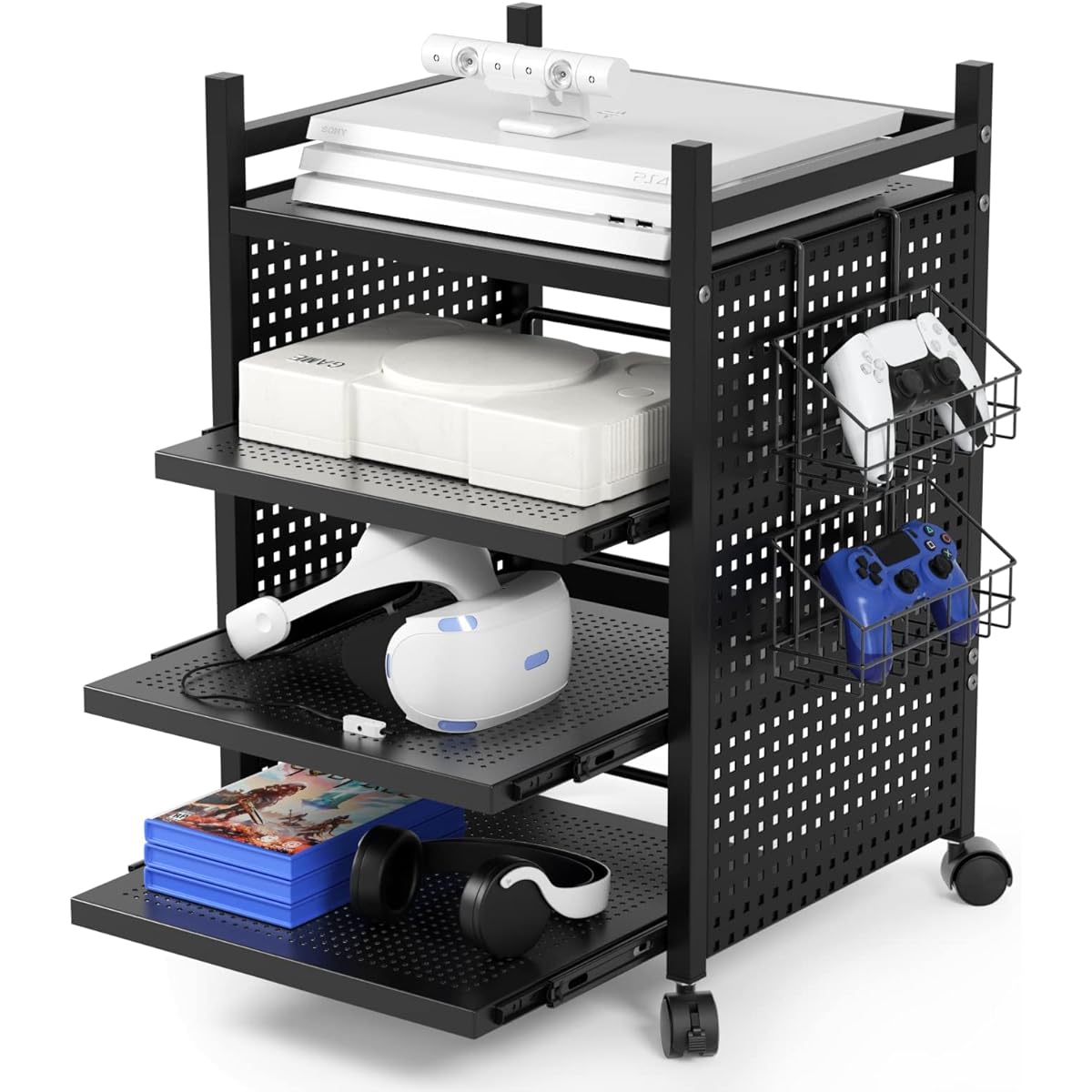 Game Console Storage Rack 4 Tiers with Casters Controller Stand Desk Side Wagon Movable Shelf Width 46 Depth 37 Height 63cm Black