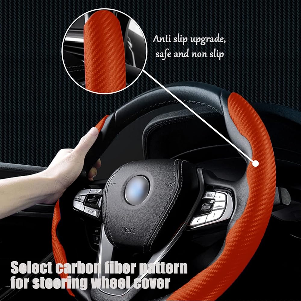 Handle Cover Carbon Fiber Leather Handle Grip Universal Fit 99% Car Wheel Protector (Orange)