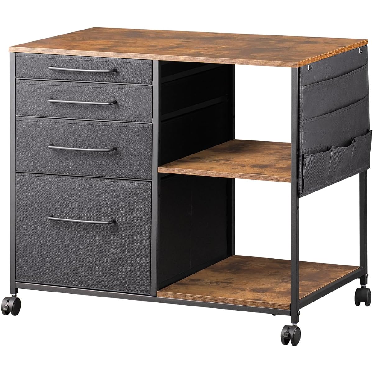 YeTom Side Cabinet Desk Wagon Resin Cloth Sleeve Desk with Layered Board 4 Tier Office Wagon A4 Compatible Printer Stand Large Capacity With Casters Under Desk Storage Width 750*Depth 400*Height 650mm Vintage + Black Drawer