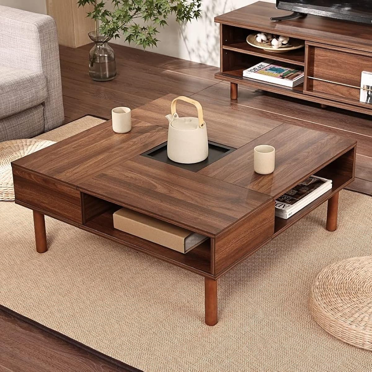 WAMPAT Low Table Center Table Square Wood Coffee Table Low Table Compact Storage with Hidden Storage Space Living Table Width 80 x Depth 80 cm x Height 33 cm Walnut W02K2081A
