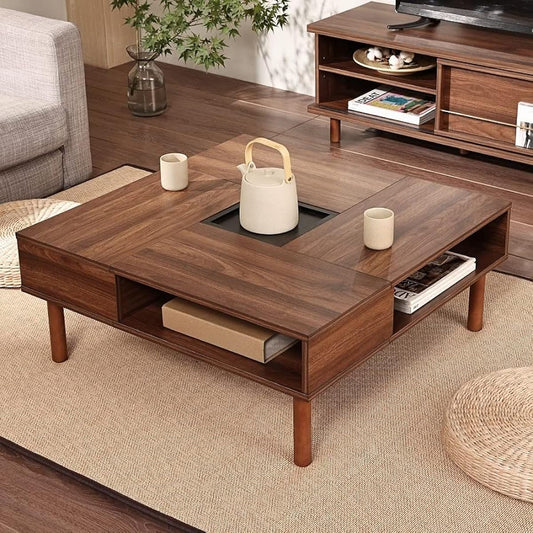WAMPAT Low Table Center Table Square Wood Coffee Table Low Table Compact Storage with Hidden Storage Space Living Table Width 80 x Depth 80 cm x Height 33 cm Walnut W02K2081A