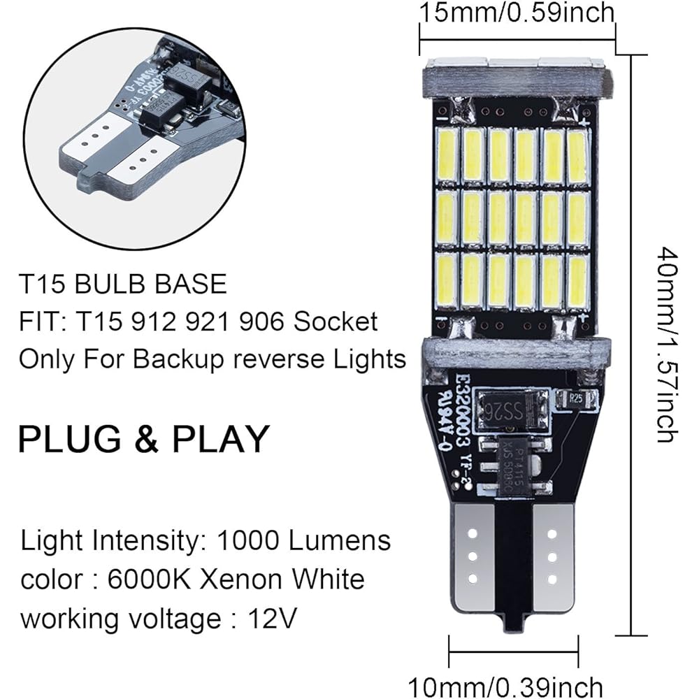 Rayhoo 1000 Lumen Very bright 921 912 LED backup bulb CANBUS Error free T15 906 W16W Socket 45 AK-4014 Chipset, Backup Reverse Light Only Xenon White 6000K 2 pieces