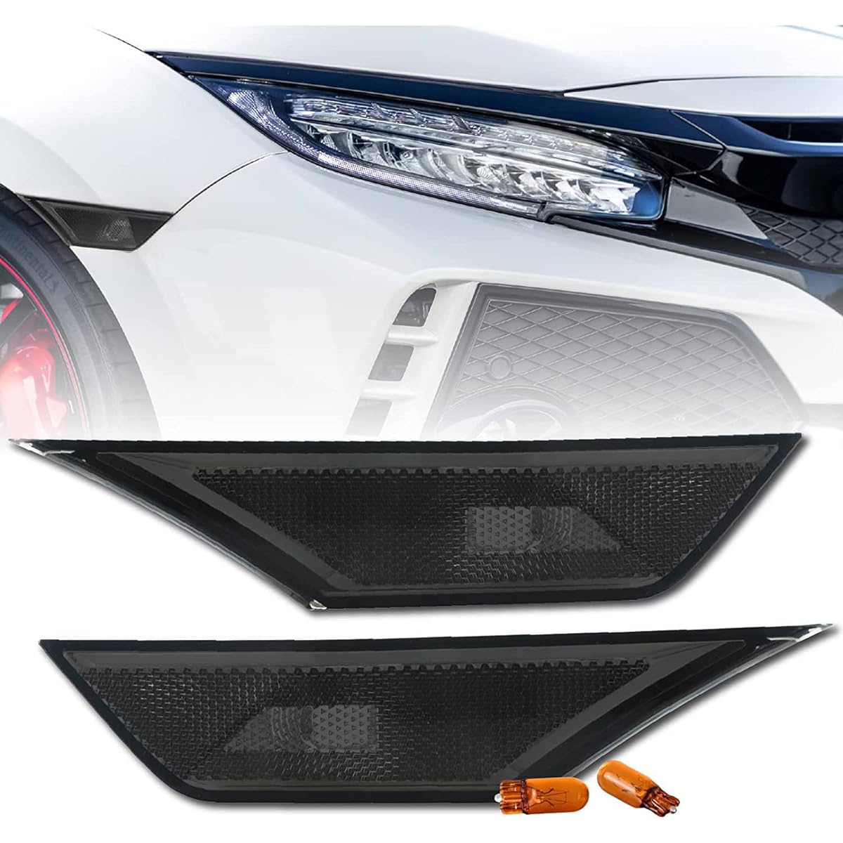 REVI MotorWERKS Depo Smoke Front Bumper Side Marker Light Set + Amber Light Bill 2016-2021 Honda Civic 2D/4D/5D