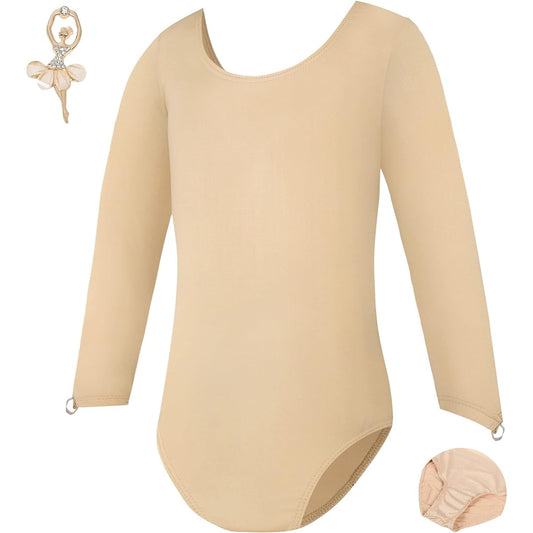 [Aigoda] Ballet Body Foundation Long Sleeve Leotard Kids Children Adults Underwear Ballet Inner Ballet Underwear Rhythmic Gymnastics (Beige - No Snaps, L (115-130cm))