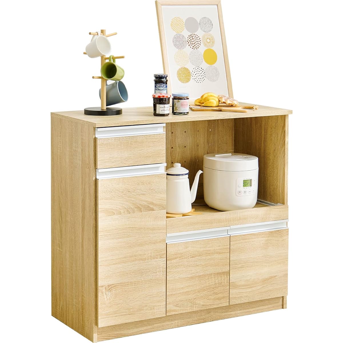 Hagihara VKC-7150NA Kitchen Counter Cupboard Chest Microwave Stand Large Capacity with 2 Outlets Width 89 Natural 1 Unit