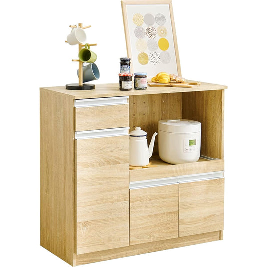 Hagihara VKC-7150NA Kitchen Counter Cupboard Chest Microwave Stand Large Capacity with 2 Outlets Width 89 Natural 1 Unit