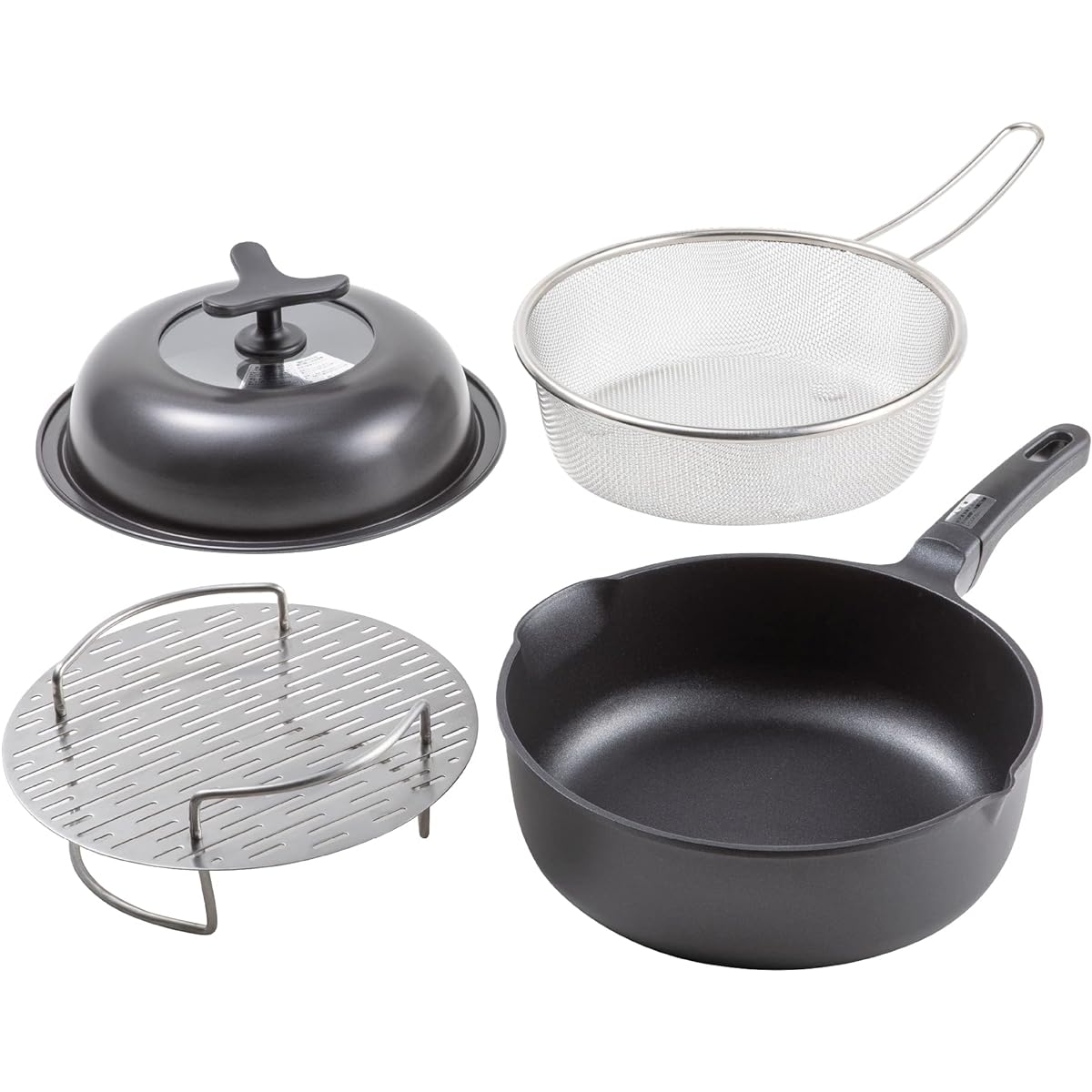 KAI Deep Multi Frying Pan, 24cm, Gas Fire, IH Compatible, Dome Shape, Frying Pan Cover, 2 Tiers, Cooking, Steaming Dish, Drainer, Scoop, Colander, Set of 4 093RC1087