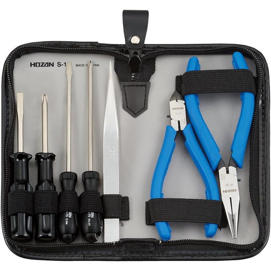 HOZAN Tool Set Set includes 7 items Ideal for in-vehicle tools Compact size that fits in a drawer Dimensions 153W x 82H x 25Dmm S-1