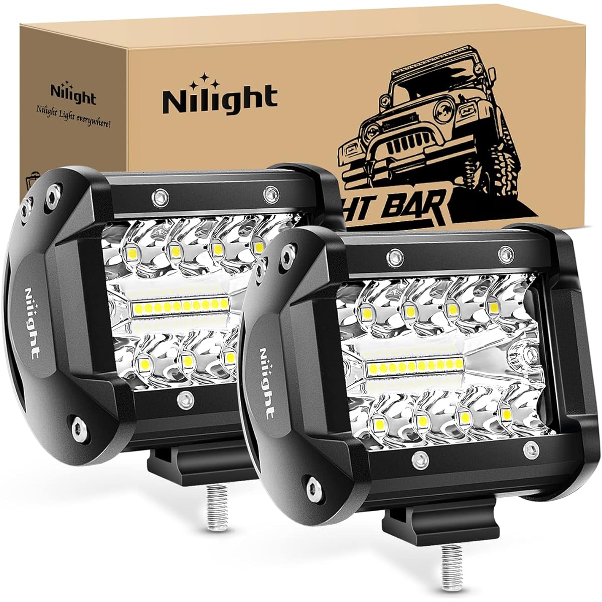 LED light bar NILIGHT 2 pieces 4 inch 60W spot & flood combo driving light waterproof LED worklight 3 row off -road track car ATV SUV Jeep cabin boat.