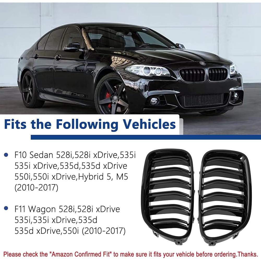DEKEWEI F10 Grill Front Kidney Grill 2010-2017 5 Series F10 F11 M5 compatible (2 Double Slat Gloss Black Grill)
