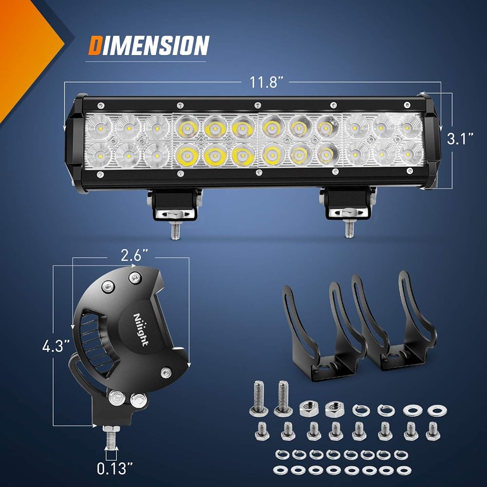 NILIGHT ZH016 12 inch 72W spot combo bar 2 4 inch 18W flood LED fog light off -road wiring harness -2 lead.