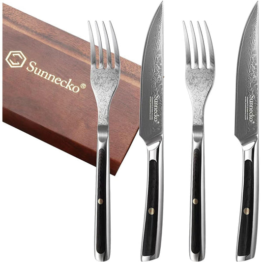 Sunnecko Steak Knife and Fork 4 Piece Set, 73 Layer Damascus Cutlery Set, Cutlery Stylish, Home Use, Cutlery Luxury, Rust-Free, Dinner Knife Fork, Tableware Accessories, Cooking Utensils, Kitchen Utensils, New Life, Wedding Gift, Housewarming Gift, Prese