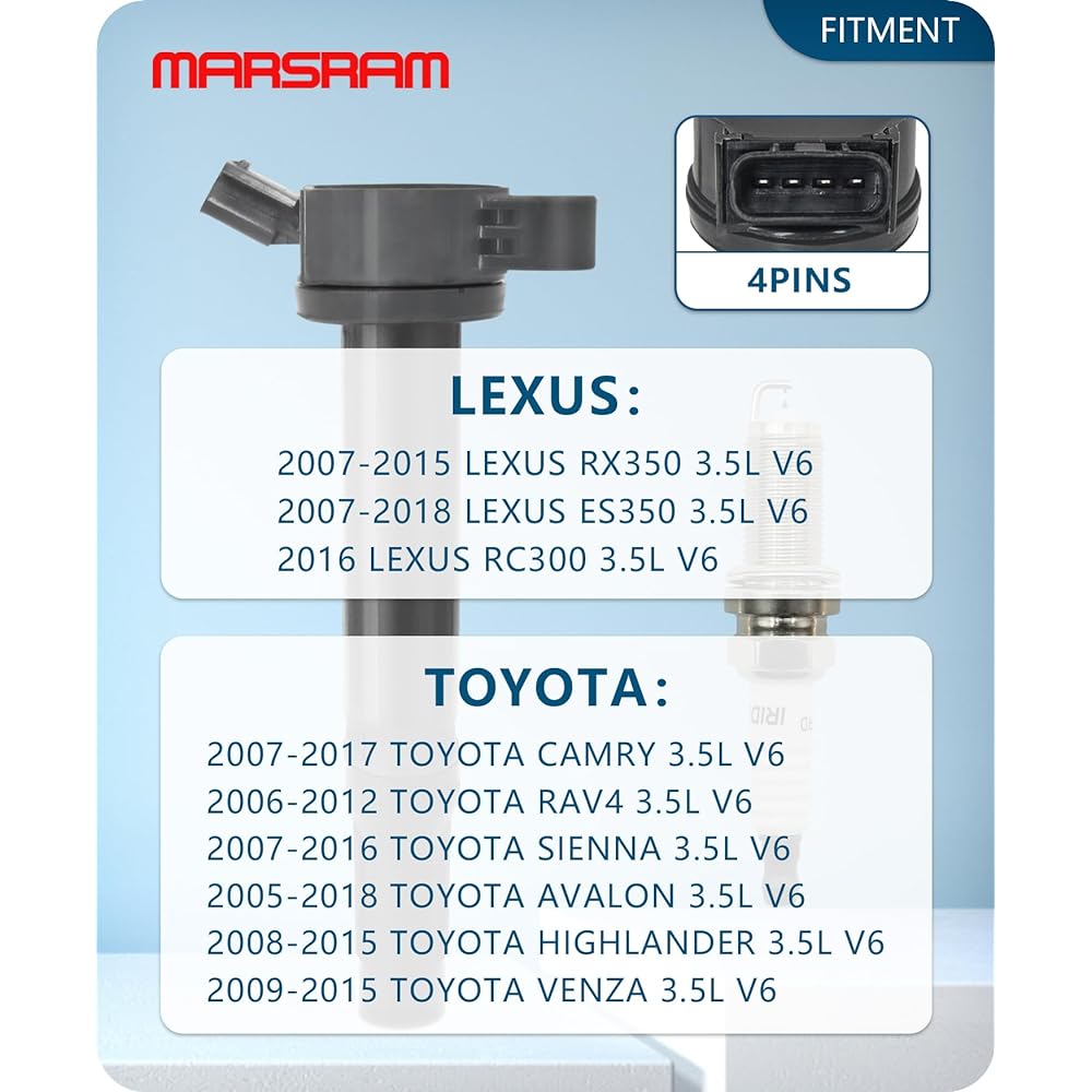 Marsram UF487 Ignition Coil Pack & Double Iridium Spark Plug Toyota Lexus 2005-2018 Camry Highlander Avalon RAV4 SIENNA VENZA RX350 ES350 ES350 RX450H 3.5L V6 Replacement 90919-02251 90919-A20 2 6 6 pieces