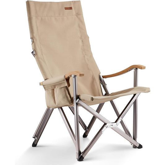 ICECO Outdoor Chair [Load Capacity 285KG, 1600D Seat, A7075 Aluminum Alloy Frame, High/Low Back Switchable, Bamboo Handrail] Camping Folding Compact Garden Indoor Use (Beige)