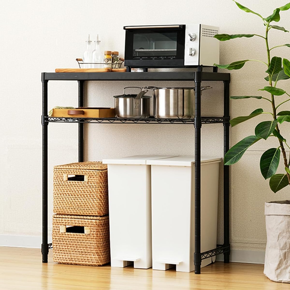 Doshisha Luminous Noir Kitchen Rack Shelf Width 80 2 Tiers Slim Trash Top Rack Overall Load Capacity 160kg Compatible with Large Range Stovetop Rice Cooker Workbench Stylish Black U-shaped Bar Solid Shelf Width 81 x Depth 41 x Height 90cm NO8090-2KS