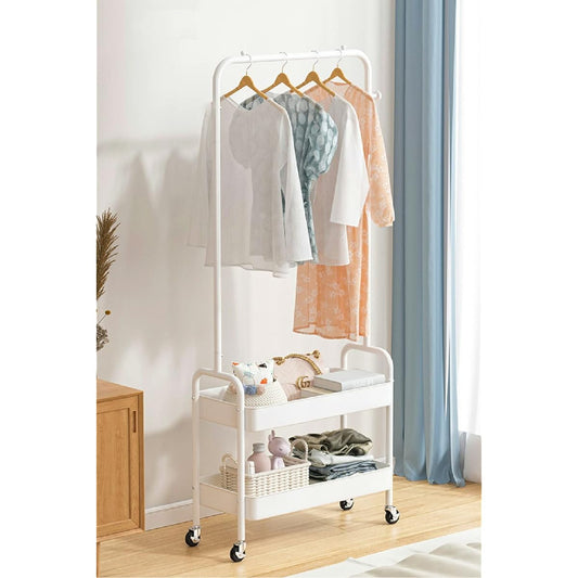 Hobinavi Trolley Hanger, Hanger Rack, Clothes Storage, 3 Colors to Choose from, Width 59 x Depth 31 x Height 150 cm, Casters with Stoppers, 2 Tiers, Double Basket, White trhg001-wh