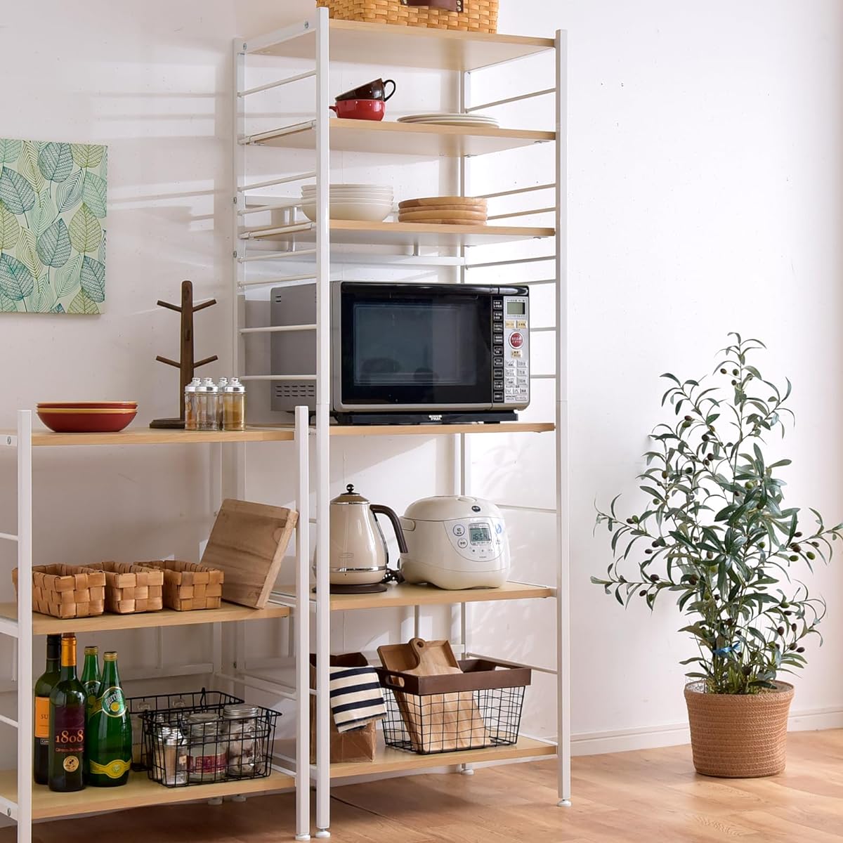Tansu no Gen Range Rack, Width 60cm, Compatible with Large Ranges, Height 168.5cm, Height Adjustable, Sliding Shelf, Stove Stand, Kitchen Wagon Rack, Kitchen Rack, Open Rack, Slim, Stylish, Natural, 49200001(80949)