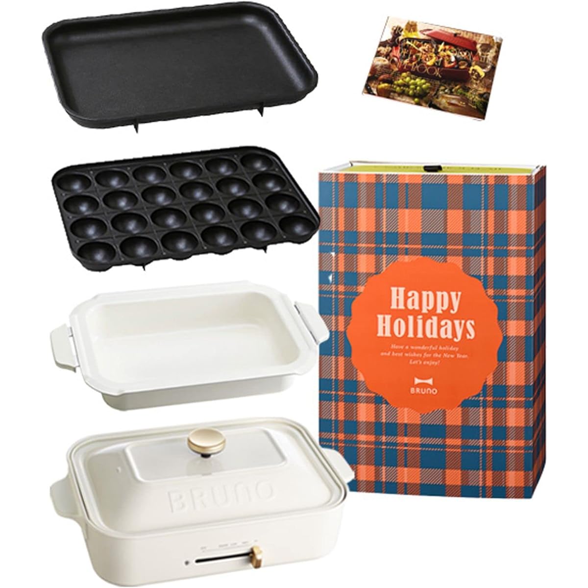 BRUNO "Happy Holidays" BOE021-GIFT-HH-WH Compact Hot Plate Body, 3 Types of Plates (Takoyaki, Ceramic Coated Pot, Flat), White, Stylish, Cute, 1,200w, Temperature Adjustment, Easy to Clean, For 1