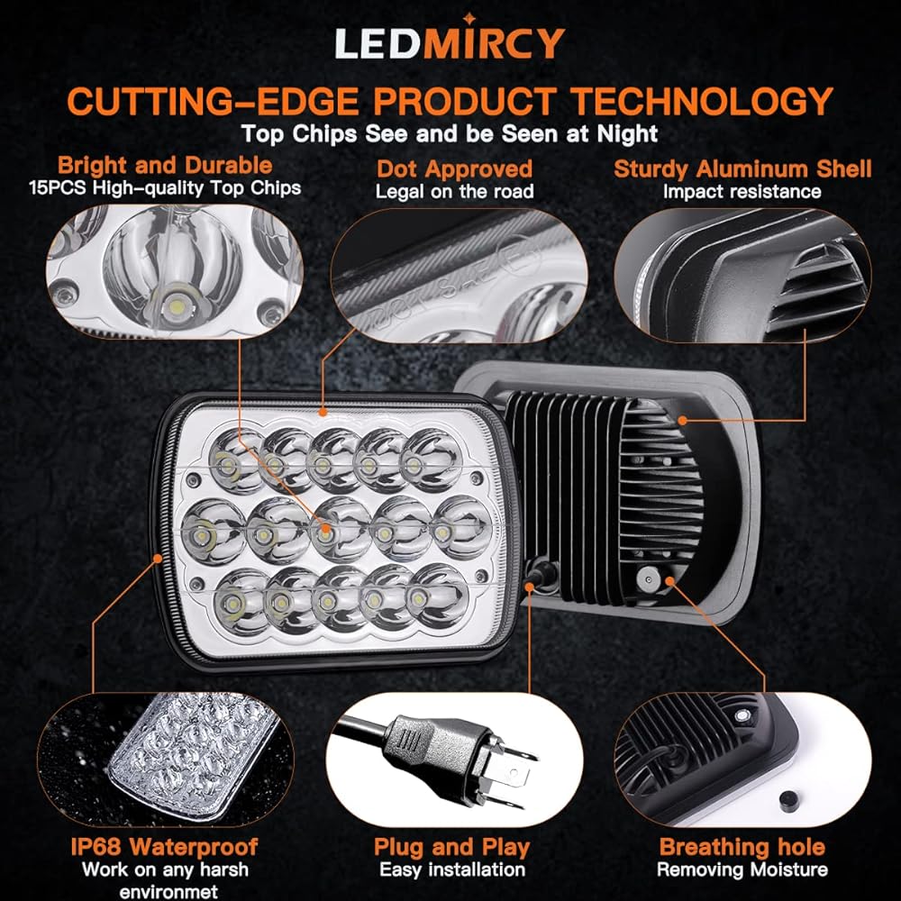 LEDMIRCY 5x7 LED Headlight Dot Approval rectangular headlights 2 90W High -low and low sealed beam square 7x6 inch jeep cherocye off -road track H6054 H6014 H6052 6053 Replacement