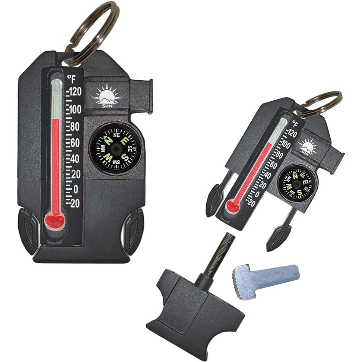 Sun Company Outsider - 4-in-1 Survival Multi-Tool | Compass, Thermometer, Whistle, and Fire Starter All in a Compact Zipper Pull Black