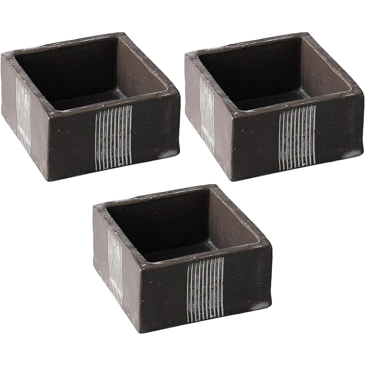 Set of 3 Black Soil Single Comb Square Pot Small [7.8 x 7.8 x 4.1cm] Earthenware [Square Pot]