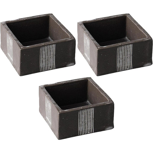 Set of 3 Black Soil Single Comb Square Pot Small [7.8 x 7.8 x 4.1cm] Earthenware [Square Pot]