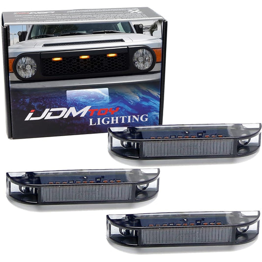 iJDMTOY 3pcs Super Bright Amber LED Center Grille Running Position Light Kit for 2007-2014 Toyota FJ Cruiser (Dark Smoke Lens with Wiring and Hardware)