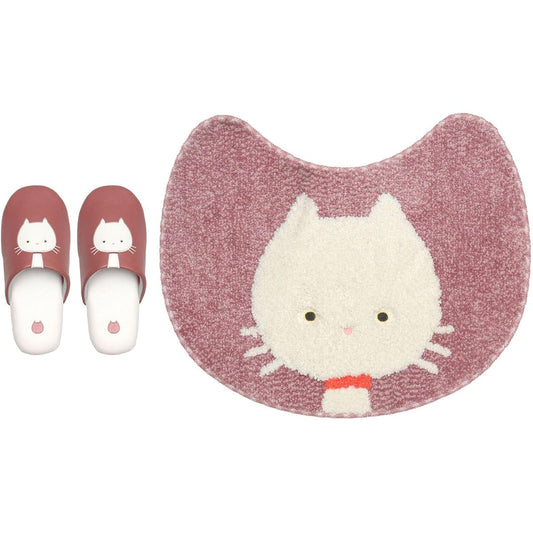 isso ecco chatron toilet fabric [toilet mat, lid cover, slippers, cat, white cat, black cat, cute] (toilet mat/slippers set, pink)
