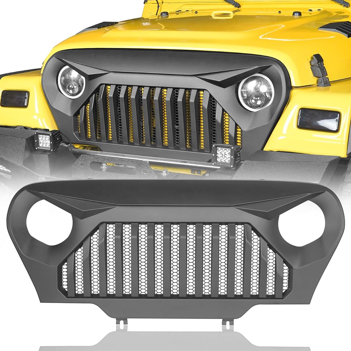 HOKE ROAD WRANGLER TJ Grill Cover Front Vader Grill Mesh Insert With Jeep WRANGLER TJ LJ LJ 1997-2006 compatible (Angry Bird Mat Black)