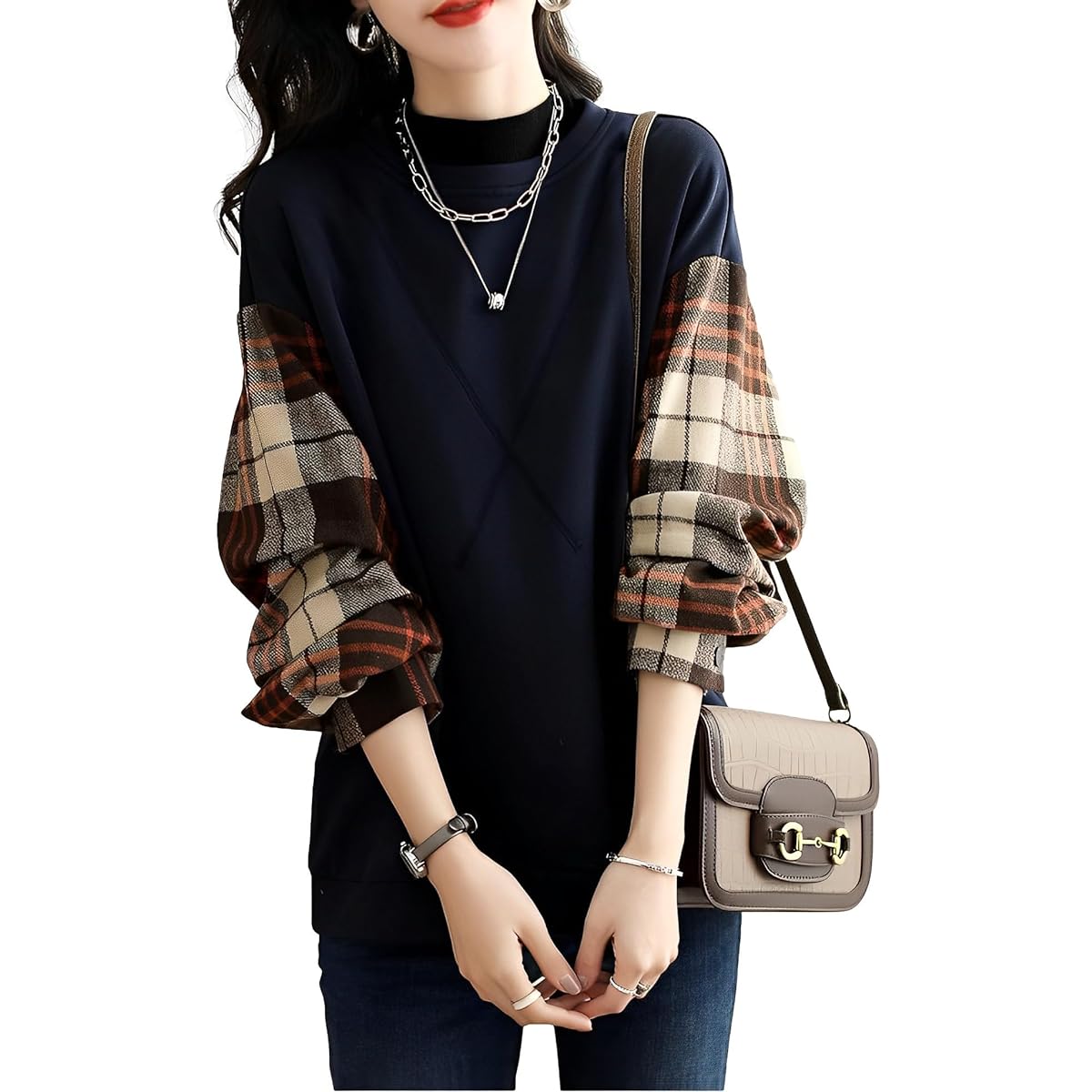 [Four leaf] Women's Sweatshirt, Cut and Sew, Long Sleeve, Switched Sleeves, Tops, Casual