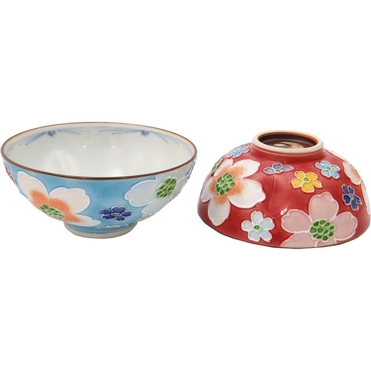 Kyoto ware, Kiyomizu ware, rice bowl, tea bowl, pair set, full of flowers (blue, red), Shoho kiln, 60th birthday gift, Respect for the Aged Day, present B3-13