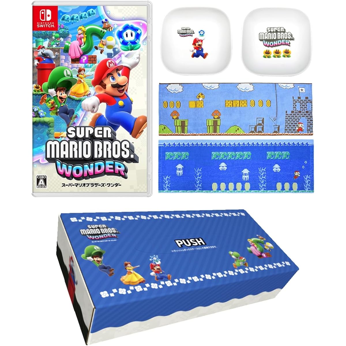 Nintendo [Mario design original BOX included] Super Mario Brothers Wonder -Switch + Super Mario Brothers face towel set of 2 (Set of 2 square small plates included)