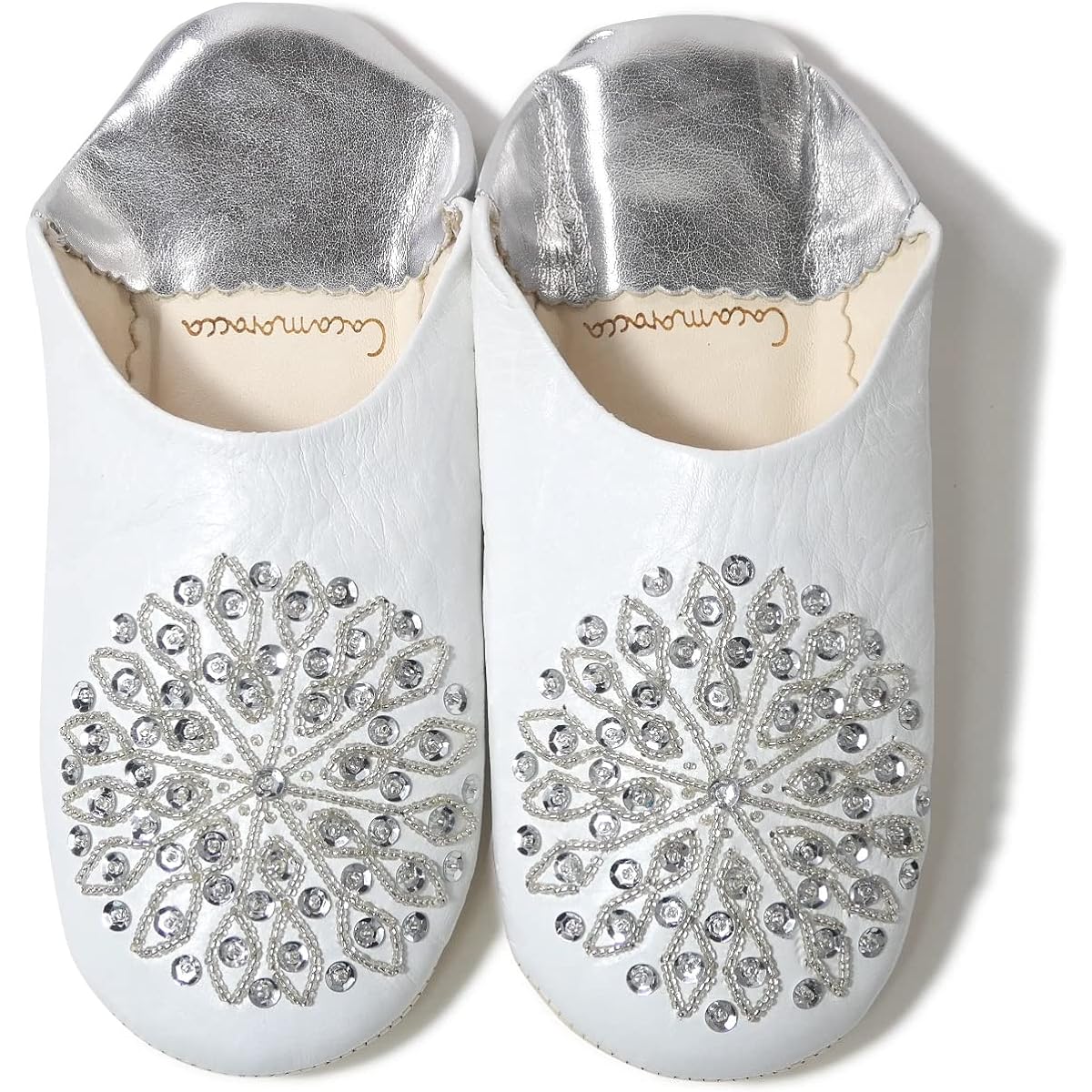 [cocomorocco] Odorless Leather Babouche Slippers Moroccan White x Silver (Silver Sequins) Room Shoes Coco Morocco Mother's Day Gift