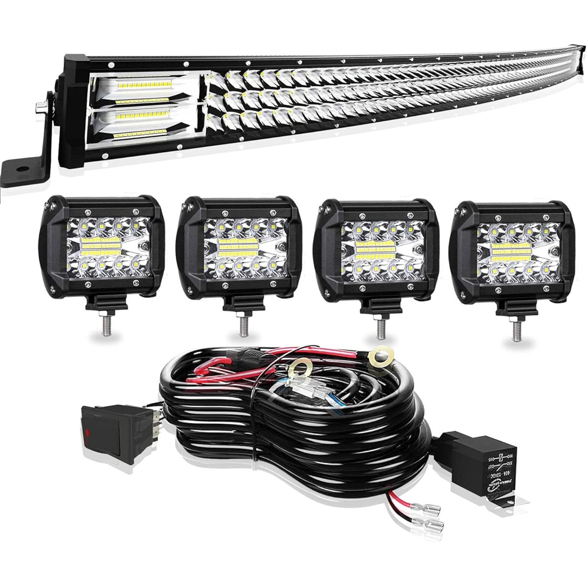 LED Light Bar TURBO SII 52 Inch 711W Curved Triple Row Spot Flood Combo Offroad Driving Light + 4 Inch 60W Led Fog Lights w/3-Leads Wiring Kits for Trucks Jeep Pickup ATV UTV Polaris Boats